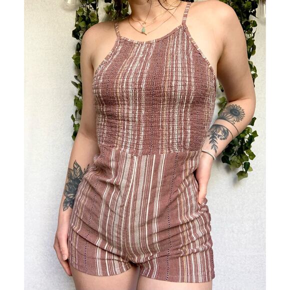 Angie Pants - Angie Brown / Maroon With Multicolored Stripes 100% Cotton Boho Romper Sz Small